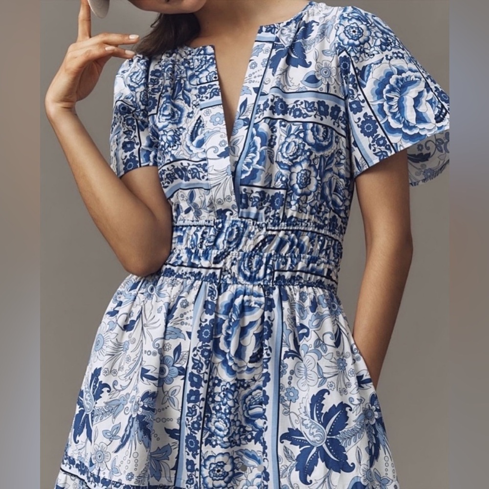 Anthropologie Somerset Maxi Dress Tiered Cotton White Blue Small Petite New - Picture 2 of 3